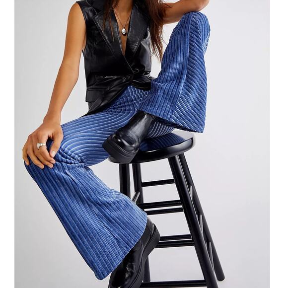 Free People Pants - Free People The Slim Pull-On Velvet Flare Pants Blue Small Boho Wide Leg